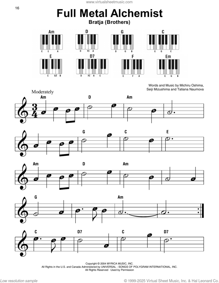 Bratja (Brothers) (from Full Metal Alchemist) sheet music for piano solo by Seiji Mizushima, Michiru Oshima, Michiru Oshima, Seiji Mizushima & Tatiana Naumova and Tatiana Naumova, beginner skill level