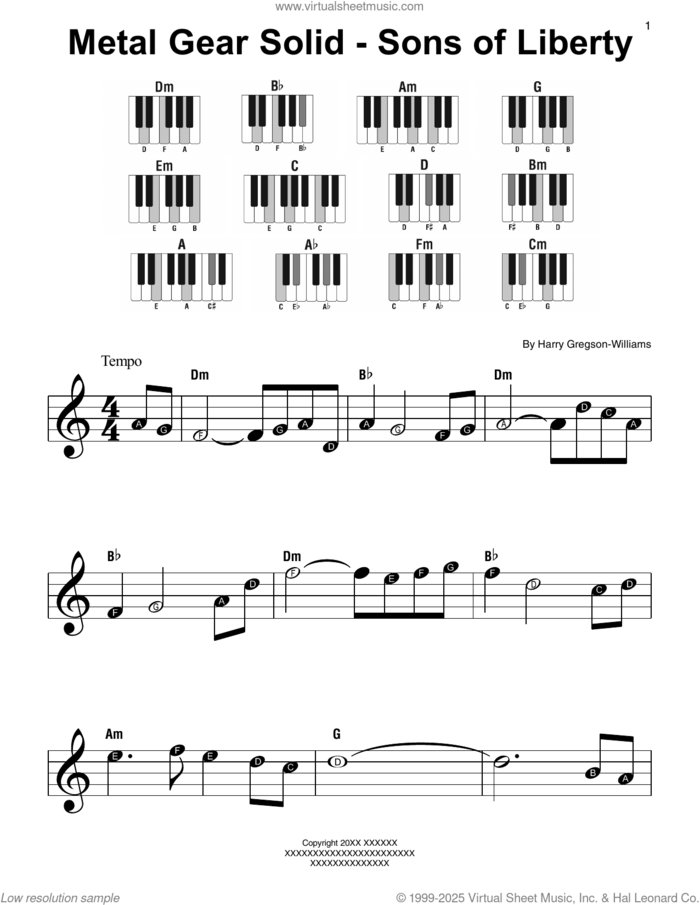 Metal Gear Solid - Sons Of Liberty, (beginner) sheet music for piano solo by Harry Gregson-Williams, beginner skill level