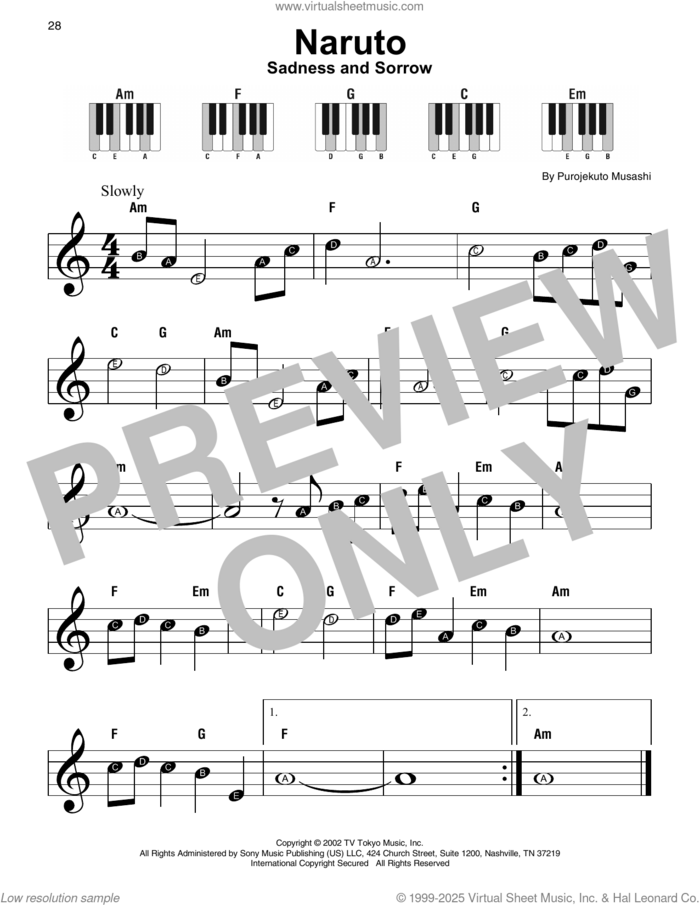 Sadness And Sorrow (from Naruto) sheet music for piano solo by Purojekuto Musashi, beginner skill level