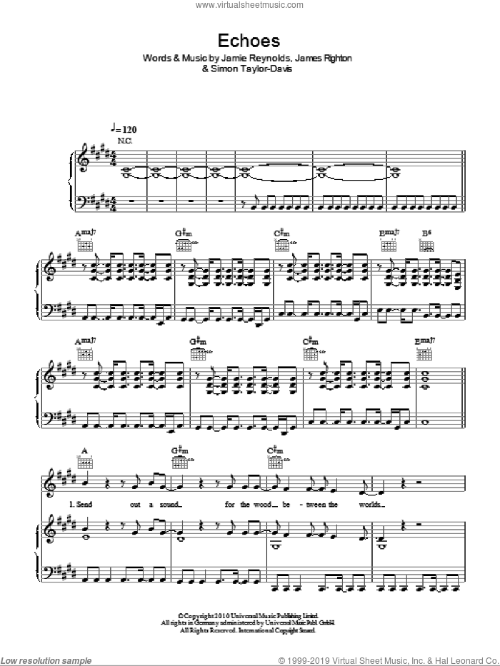 Echoes sheet music for voice, piano or guitar by Klaxons, James Righton, Jamie Reynolds and Simon Taylor-Davis, intermediate skill level