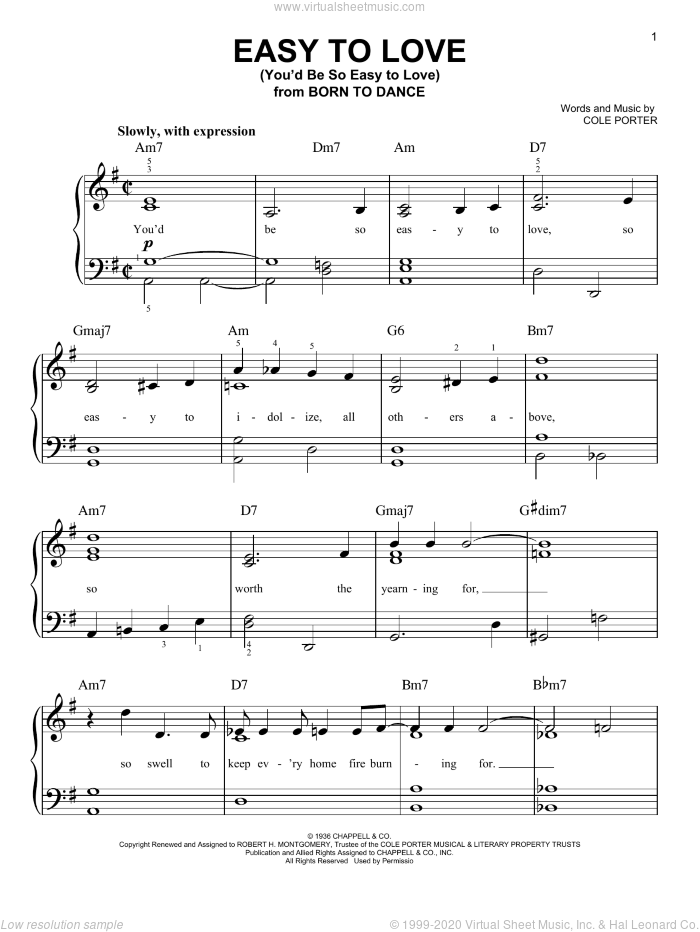 Easy To Love (You'd Be So Easy To Love) sheet music for piano solo by Cole Porter, easy skill level