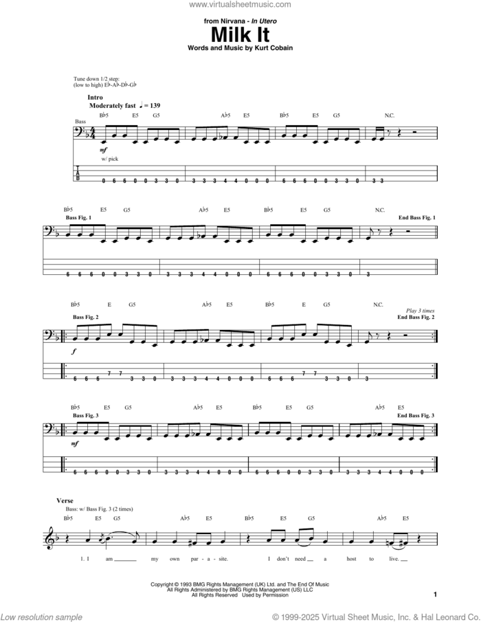 Milk It sheet music for bass (tablature) (bass guitar) by Nirvana and Kurt Cobain, intermediate skill level