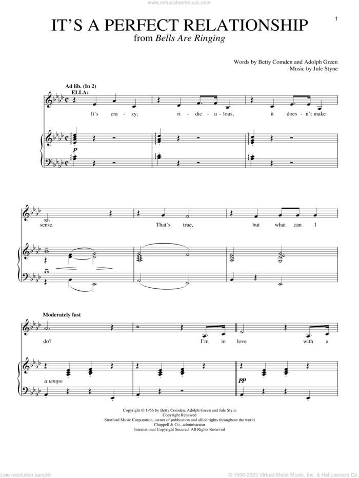 It's A Perfect Relationship sheet music for voice and piano by Betty Comden, Adolph Green and Jule Styne, intermediate skill level