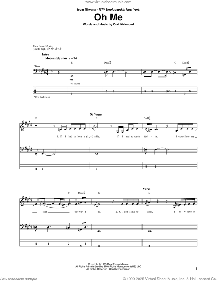 Oh Me sheet music for bass (tablature) (bass guitar) by Nirvana and Curt Kirkwood, intermediate skill level