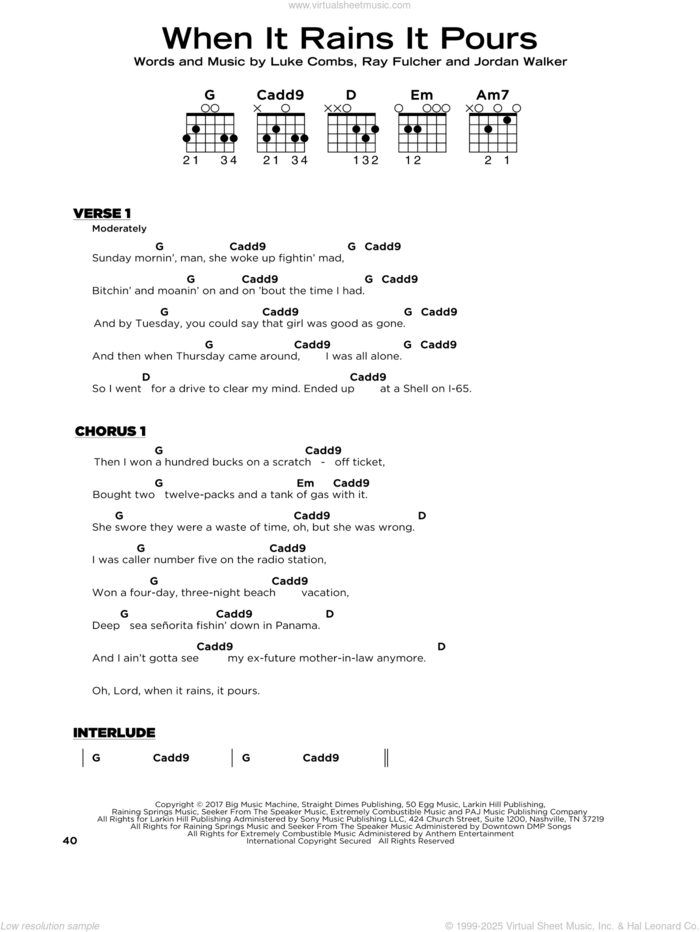 When It Rains It Pours sheet music for guitar solo by Luke Combs, Jordan Walker and Ray Fulcher, beginner skill level