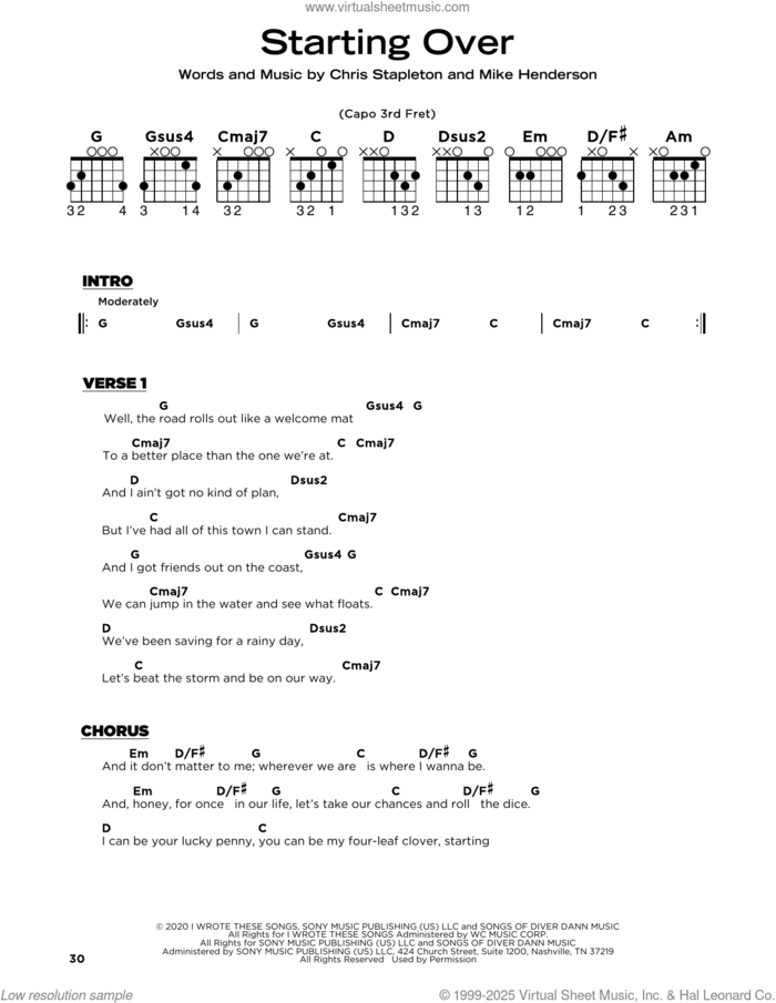 Starting Over sheet music for guitar solo by Chris Stapleton and Mike Henderson, beginner skill level