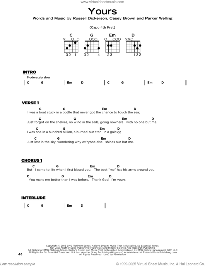 Yours sheet music for guitar solo by Russell Dickerson, Casey Brown and Parker Welling, wedding score, beginner skill level