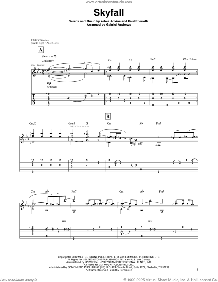 Skyfall, (intermediate) sheet music for guitar solo by Adele, Adele Adkins and Paul Epworth, intermediate skill level