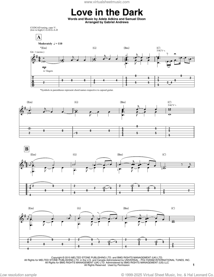 Love In The Dark, (intermediate) sheet music for guitar solo by Adele, Adele Adkins and Samuel Dixon, intermediate skill level