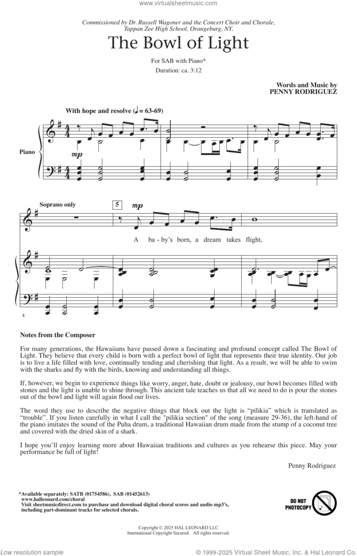 The Bowl Of Light sheet music for choir (SAB: soprano, alto, bass) by Penny Rodriguez, intermediate skill level