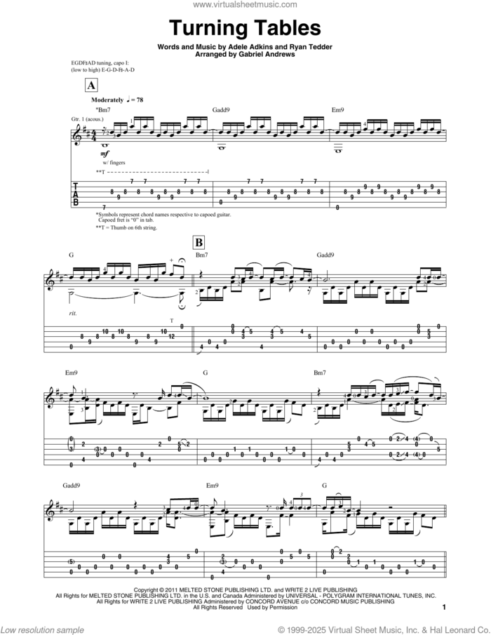 Turning Tables sheet music for guitar solo by Adele, Adele Adkins and Ryan Tedder, intermediate skill level