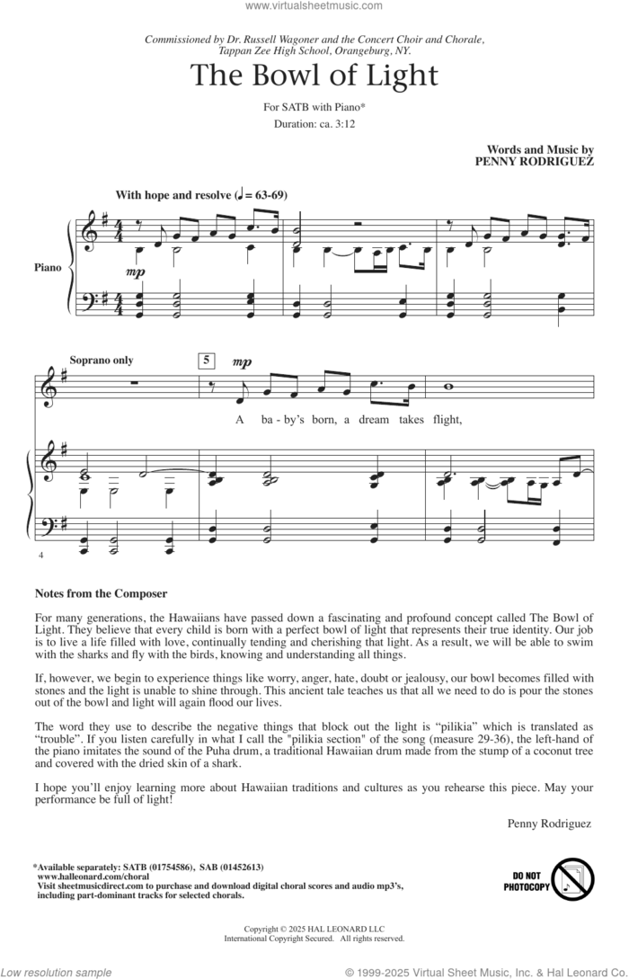 The Bowl Of Light sheet music for choir (SATB: soprano, alto, tenor, bass) by Penny Rodriguez, intermediate skill level