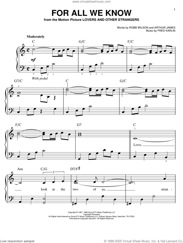 For All We Know sheet music for piano solo by Carpenters, Fred Karlin, James Griffin and Robb Wilson, wedding score, easy skill level