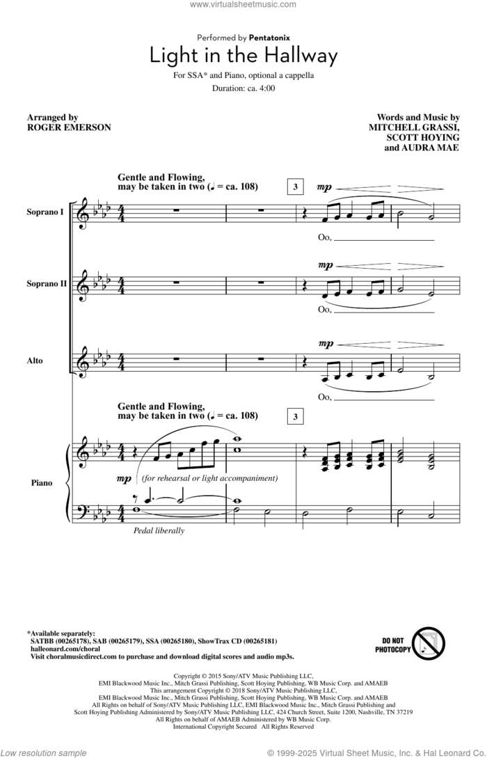 Light In The Hallway (arr. Roger Emerson) sheet music for choir (SSA: soprano, alto) by Pentatonix, Roger Emerson, Audra Mae, Mitchell Grassi and Scott Hoying, intermediate skill level