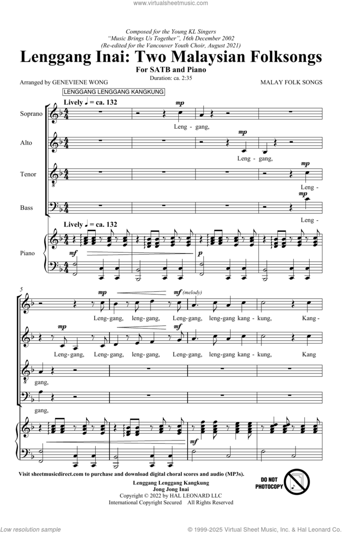 Lenggang Lenggang Kangkung (arr. Geneviene Wong) sheet music for choir (SATB: soprano, alto, tenor, bass) by Malay Folk Song and Geneviene Wong, intermediate skill level