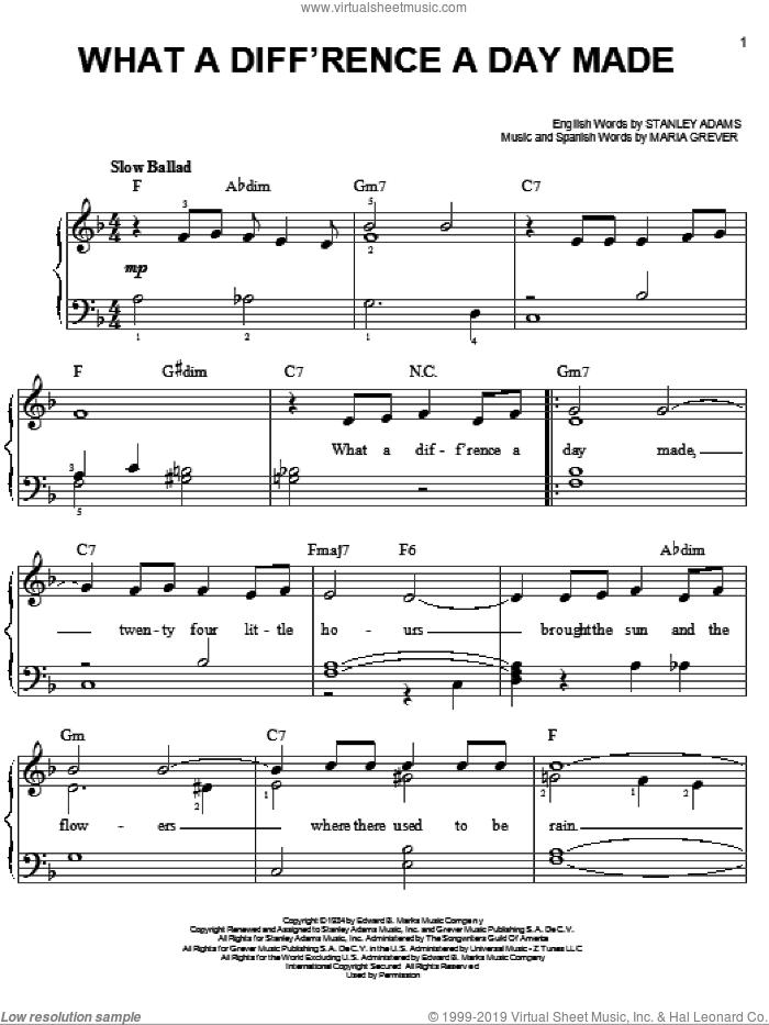 What A Diff'rence A Day Made sheet music for piano solo by Stanley Adams and Maria Grever, easy skill level