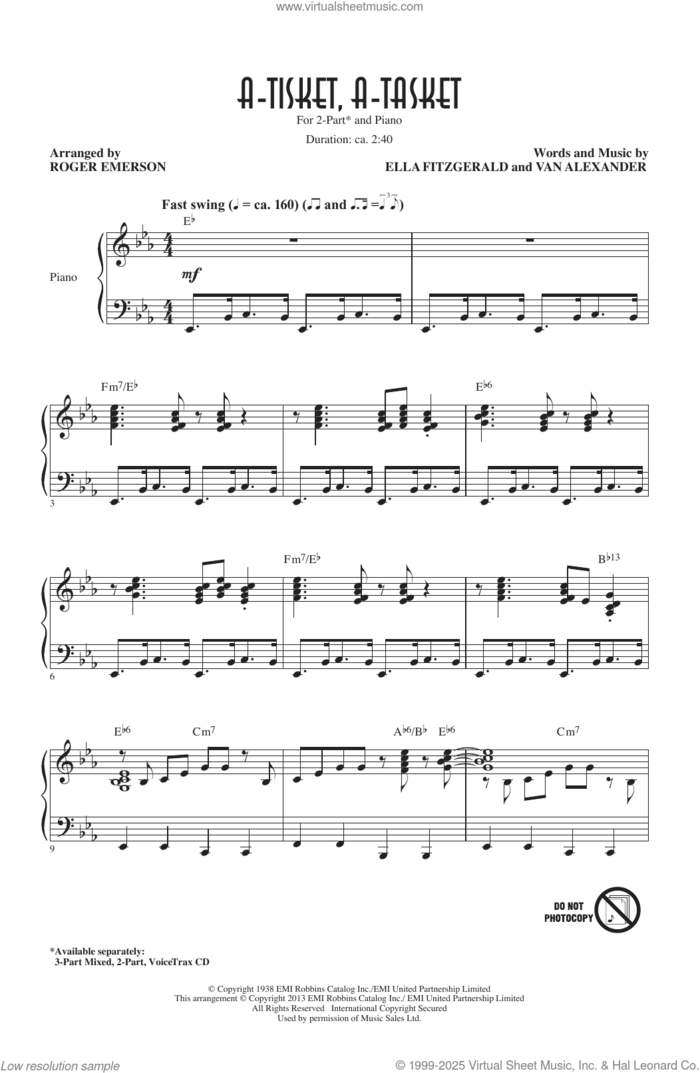 A-Tisket, A-Tasket (arr. Roger Emerson) sheet music for choir (2-Part) by Ella Fitzgerald, Roger Emerson and Van Alexander, intermediate duet