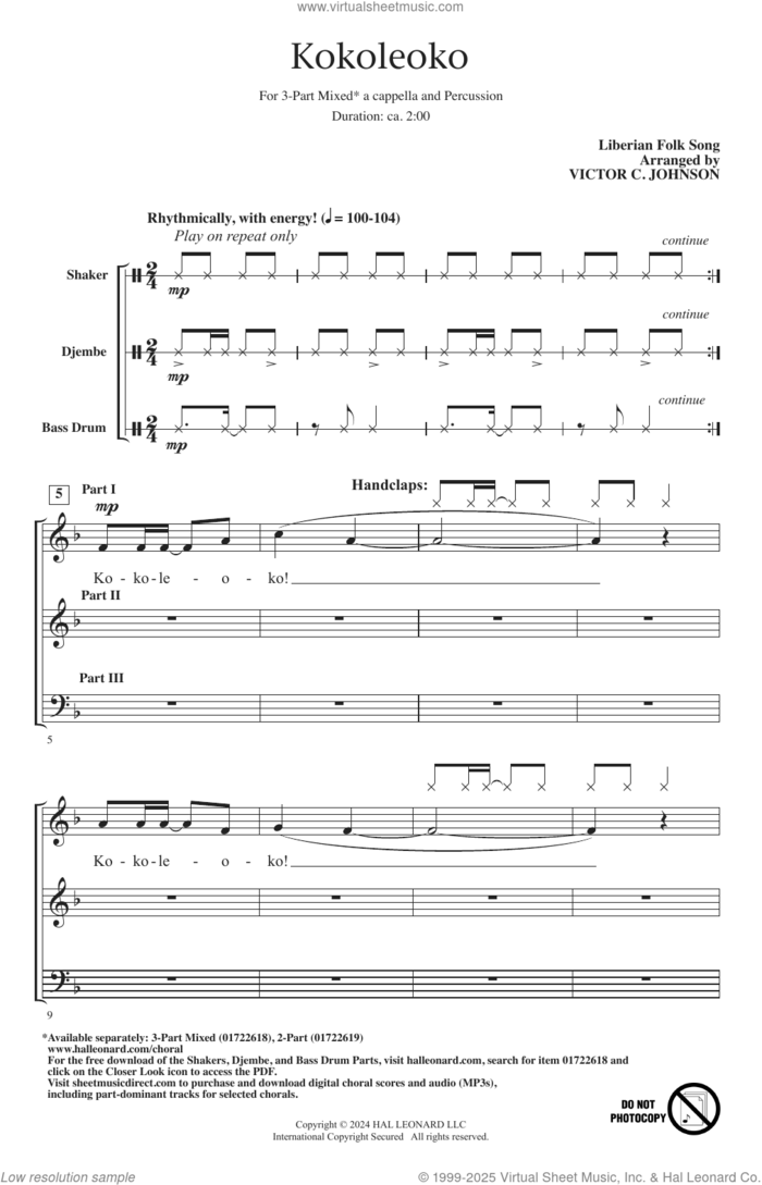 Kokoleoko (arr. Victor Johnson) sheet music for choir (3-Part Mixed) by Liberian Folk Song and Victor Johnson, intermediate skill level