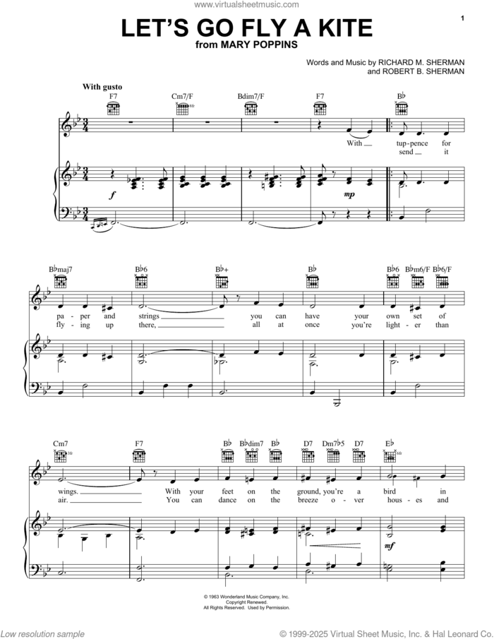 Let's Go Fly A Kite (from Mary Poppins) sheet music for voice, piano or guitar by Sherman Brothers, Richard M. Sherman and Robert B. Sherman, intermediate skill level