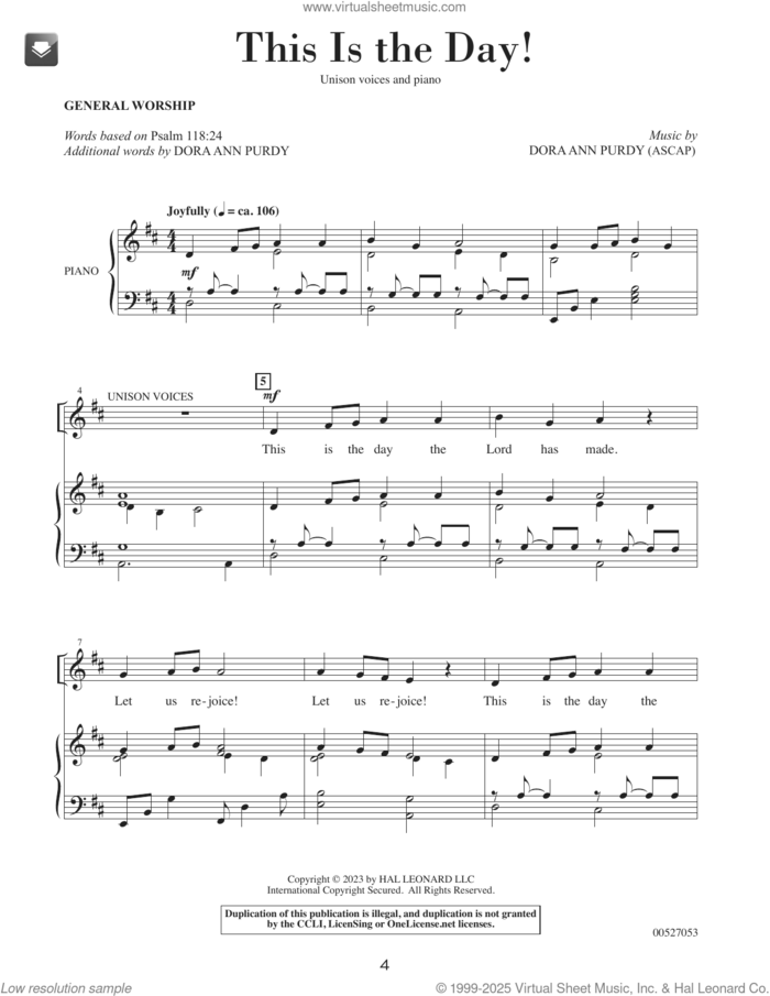 This Is The Day sheet music for choir (Unison) by Dora Ann Purdy and Psalm 118:24, intermediate skill level