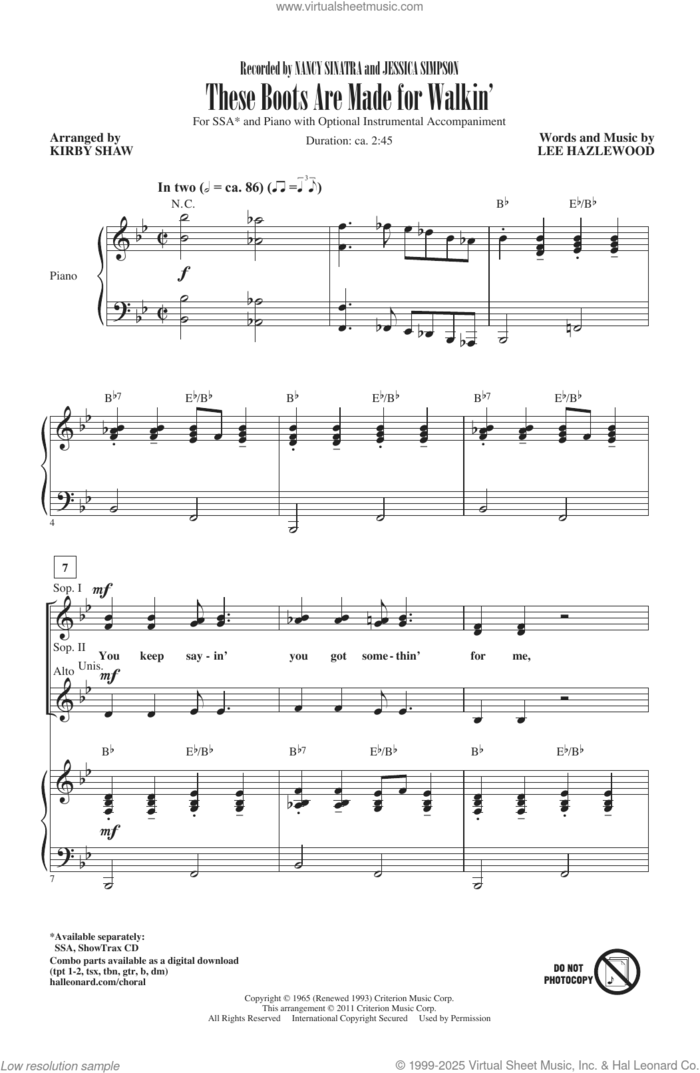 These Boots Are Made For Walkin' (arr. Kirby Shaw) sheet music for choir (SSA: soprano, alto) by Jessica Simpson, Kirby Shaw, Nancy Sinatra and Lee Hazlewood, intermediate skill level