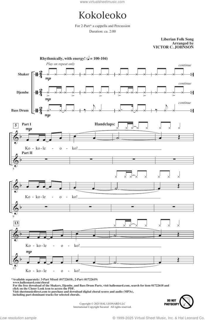 Kokoleoko (arr. Victor Johnson) sheet music for choir (2-Part) by Liberian Folk Song and Victor Johnson, intermediate duet