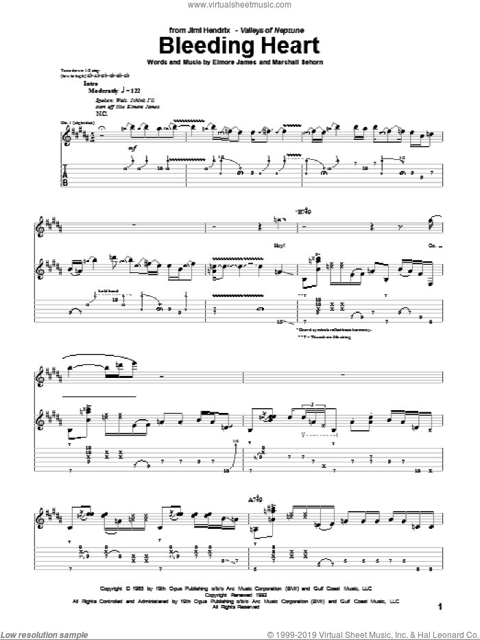 Bleeding Heart sheet music for guitar (tablature) by Jimi Hendrix, Elmore James and Marshall Sehorn, intermediate skill level