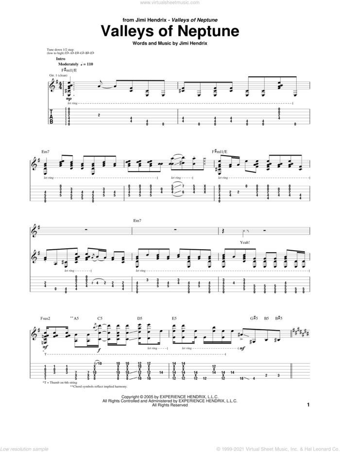 Valleys Of Neptune sheet music for guitar (tablature) by Jimi Hendrix, intermediate skill level