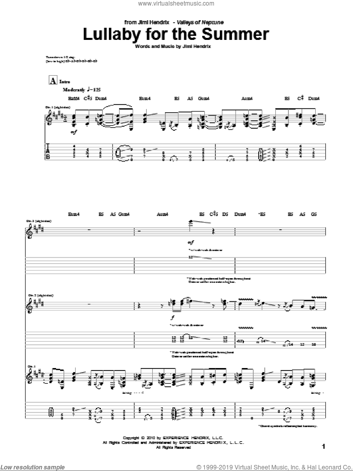 Lullaby For The Summer sheet music for guitar (tablature) by Jimi Hendrix, intermediate skill level