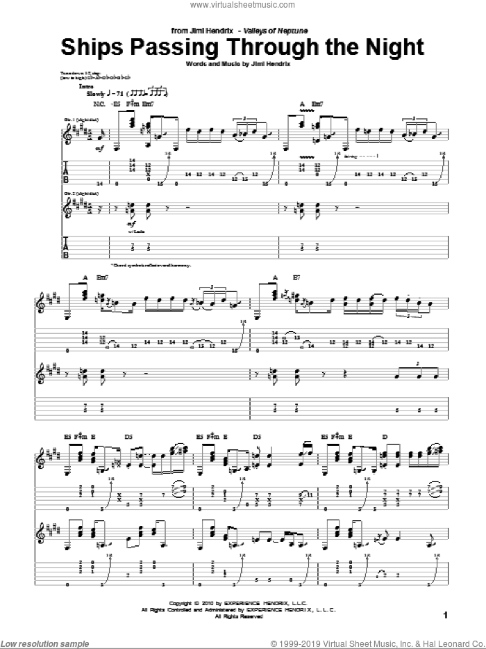 Ships Passing Through The Night sheet music for guitar (tablature) by Jimi Hendrix, intermediate skill level