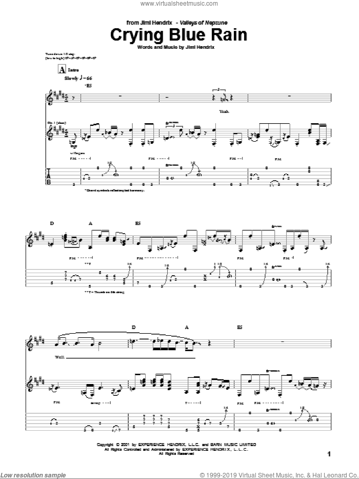 Crying Blue Rain sheet music for guitar (tablature) by Jimi Hendrix, intermediate skill level
