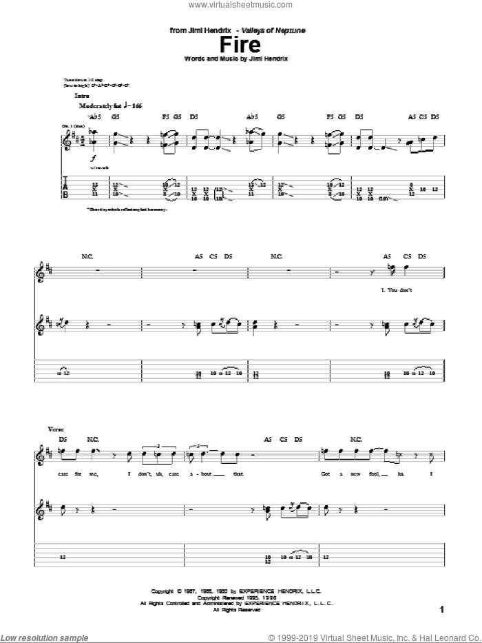 Fire sheet music for guitar (tablature) by Jimi Hendrix, intermediate skill level