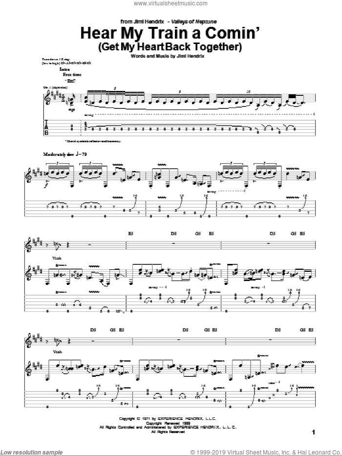 Hear My Train A Comin' (Get My Heart Back Together) sheet music for guitar (tablature) by Jimi Hendrix, intermediate skill level