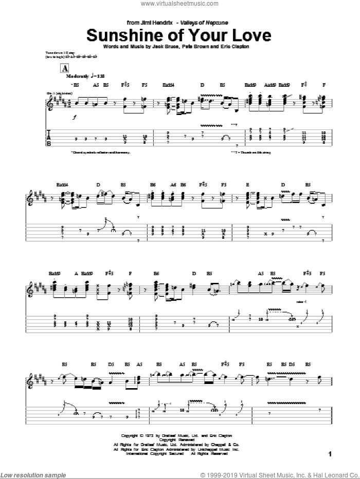 Sunshine Of Your Love sheet music for guitar (tablature) by Jimi Hendrix, Cream, Eric Clapton, Jack Bruce and Pete Brown, intermediate skill level