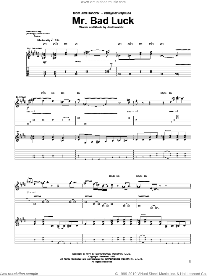 Mr. Bad Luck sheet music for guitar (tablature) by Jimi Hendrix, intermediate skill level