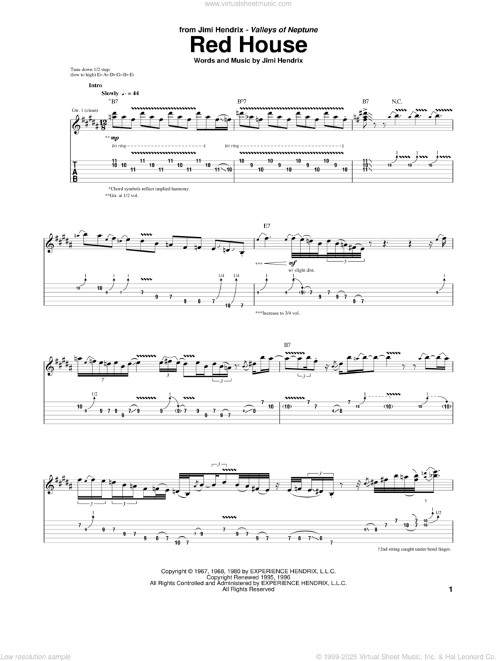 Red House sheet music for guitar (tablature) by Jimi Hendrix, intermediate skill level