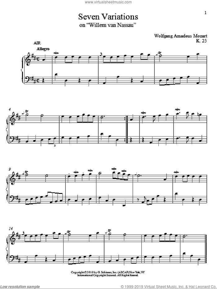 Seven Variations on Willem van Nassau, K. 25 sheet music for piano solo by Wolfgang Amadeus Mozart and Matthew Edwards, classical score, intermediate skill level