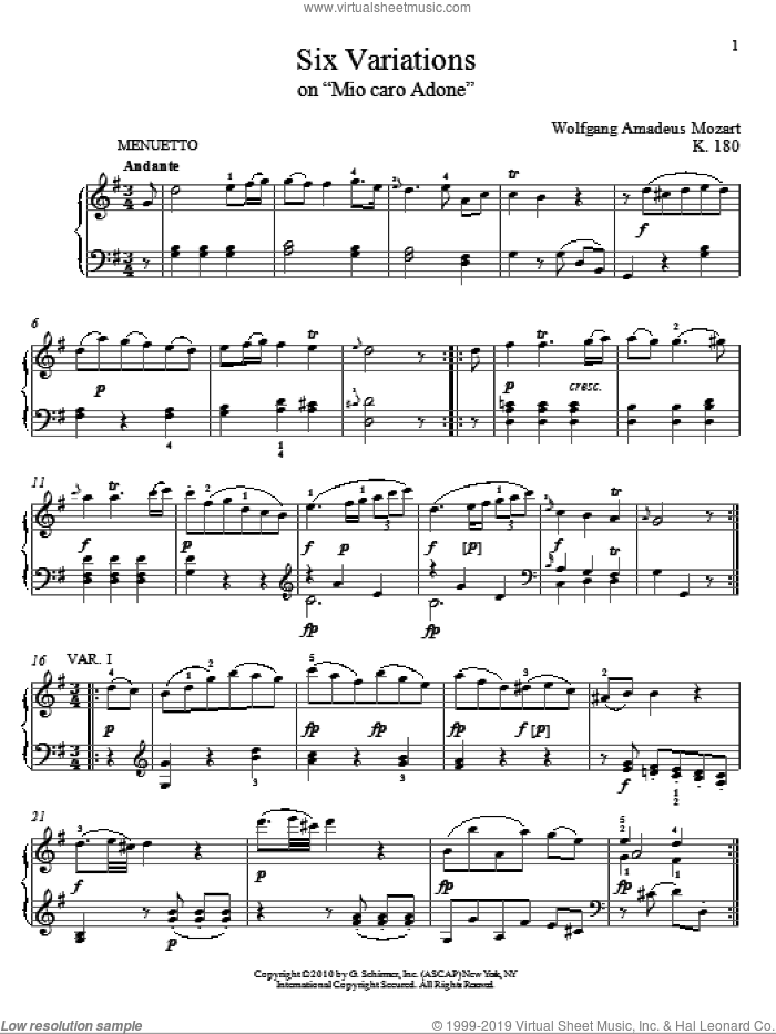 Six Variations on Mio Caro Adone, K. 180 sheet music for piano solo by Wolfgang Amadeus Mozart and Matthew Edwards, classical score, intermediate skill level