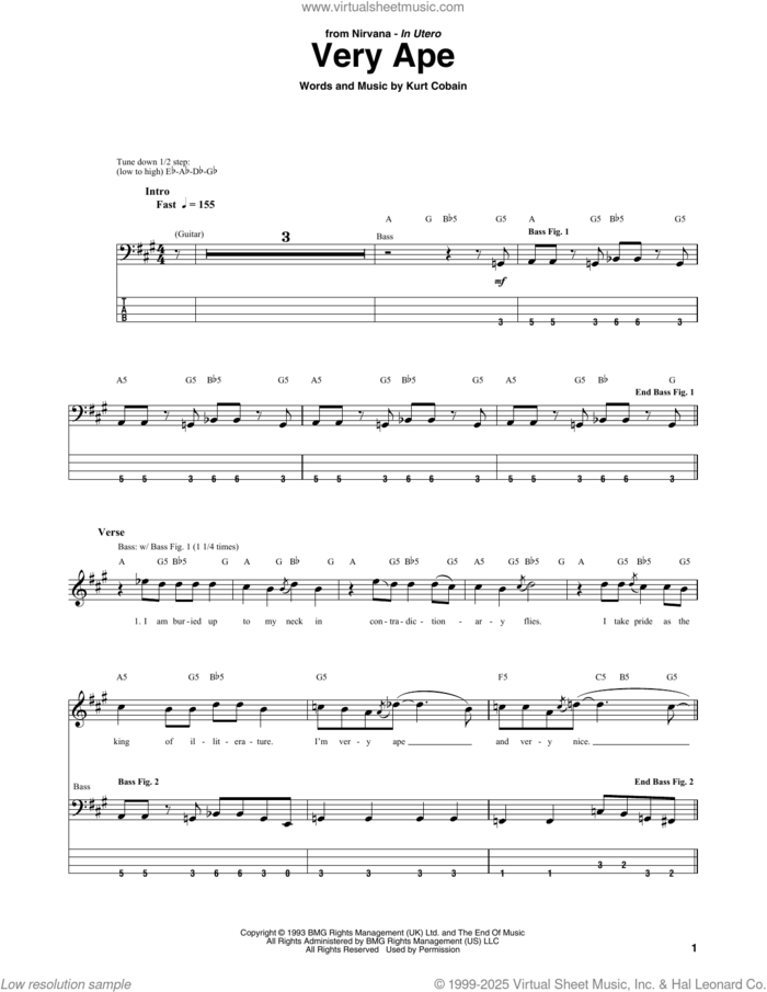 Very Ape sheet music for bass (tablature) (bass guitar) by Nirvana and Kurt Cobain, intermediate skill level