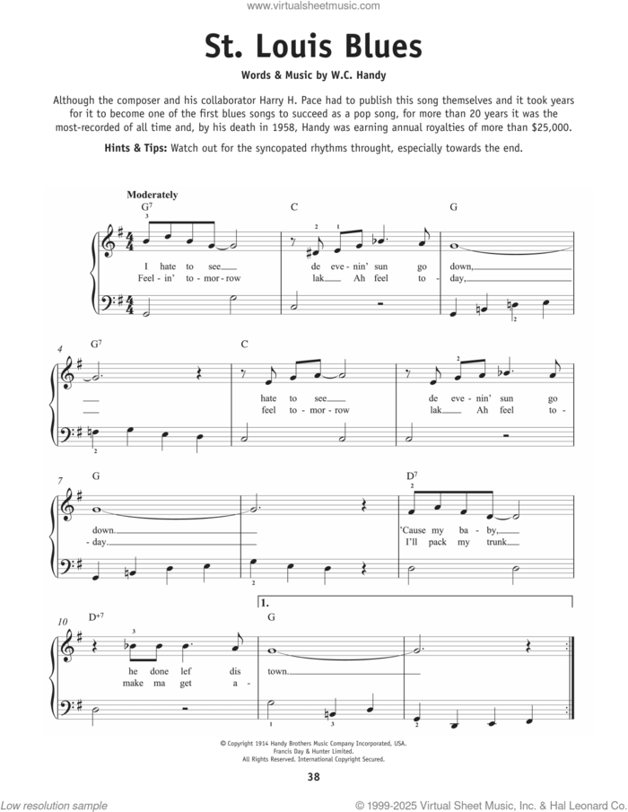 St. Louis Blues, (beginner) sheet music for piano solo by W.C. Handy, beginner skill level