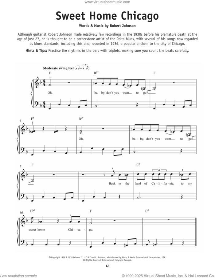 Sweet Home Chicago, (beginner) sheet music for piano solo by Robert Johnson, beginner skill level