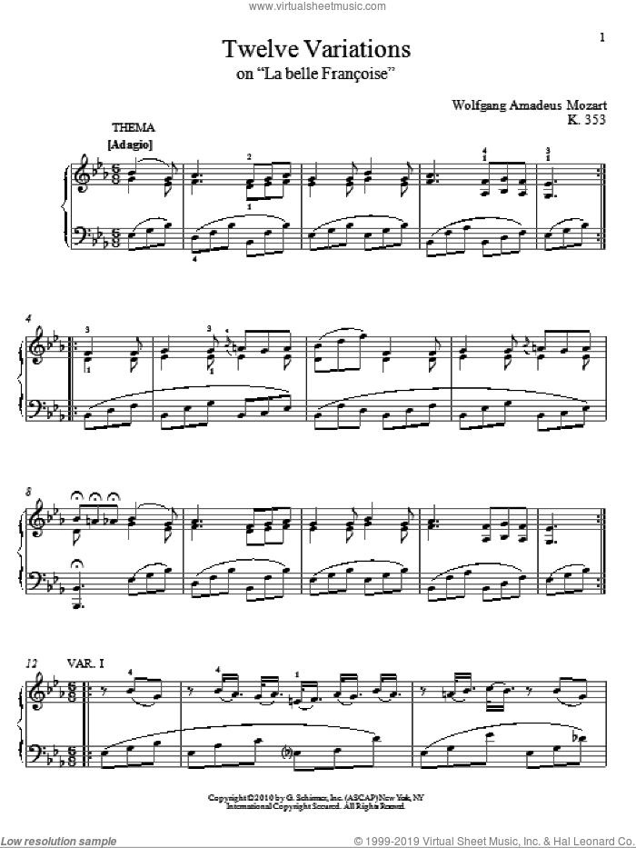 Twelve Variations on La belle Francois, K. 353 sheet music for piano solo by Wolfgang Amadeus Mozart and Matthew Edwards, classical score, intermediate skill level