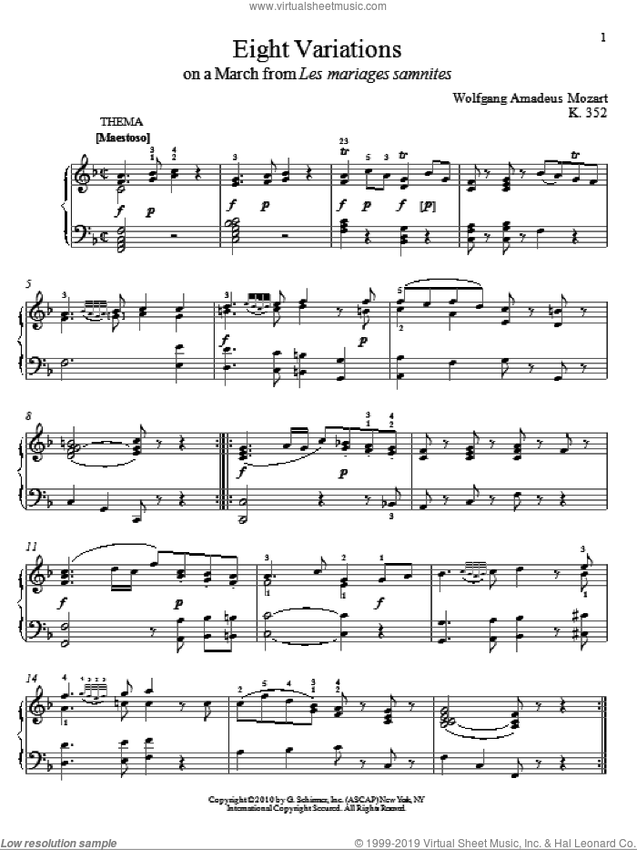Eight Variations On A March from Les Mariages Samnites, K. 352 sheet music for piano solo by Wolfgang Amadeus Mozart and Matthew Edwards, classical score, intermediate skill level