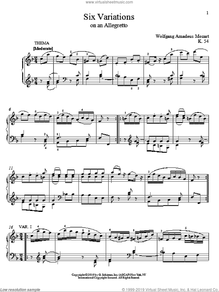 Six Variations on An Allegretto, K. 54 sheet music for piano solo by Wolfgang Amadeus Mozart and Matthew Edwards, classical score, intermediate skill level