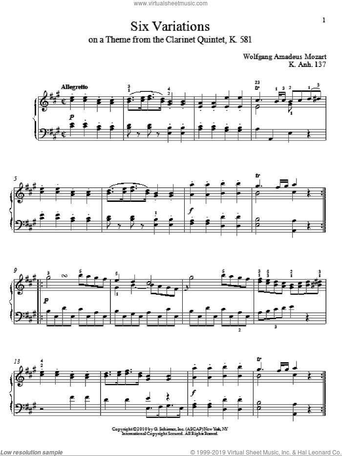 Six Variations on A Theme From The Clarinet Quintet, K. 581, K. Anh. 137 sheet music for piano solo by Wolfgang Amadeus Mozart and Matthew Edwards, classical score, intermediate skill level