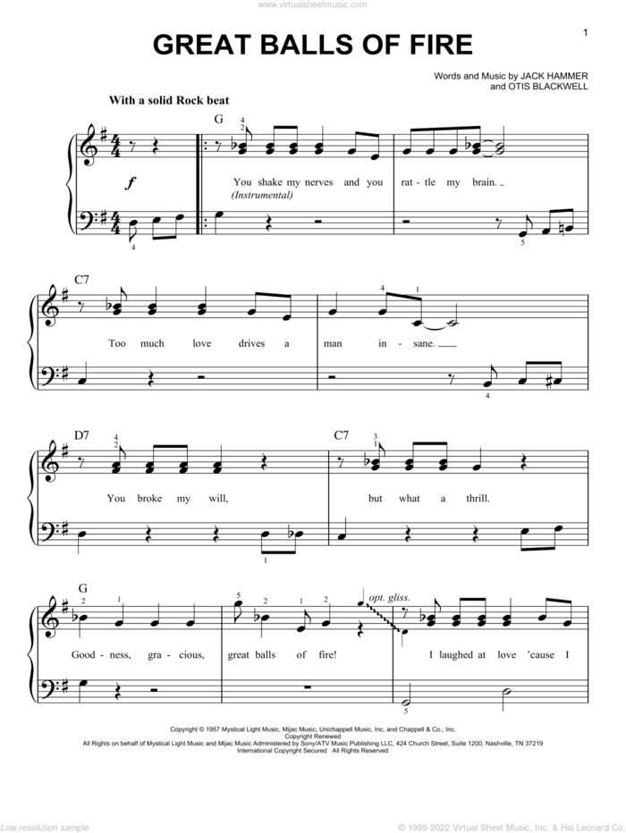 Lewis - Great Balls Of Fire, (easy) sheet music for piano solo