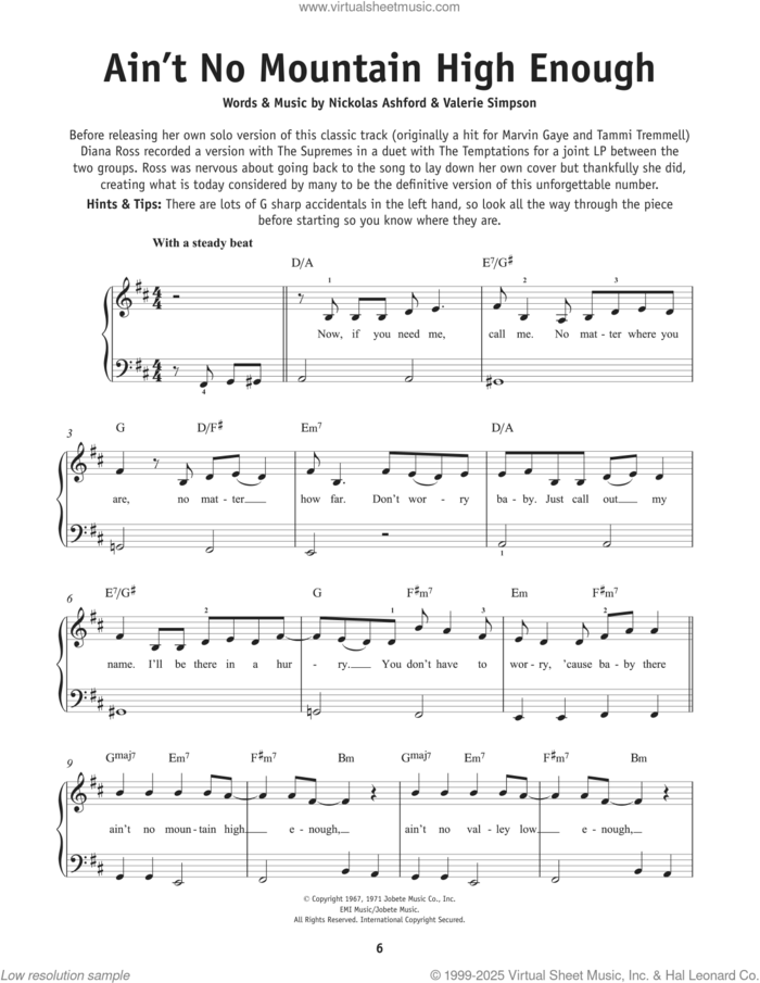 Ain't No Mountain High Enough sheet music for piano solo by Marvin Gaye & Tammi Terrell, Nickolas Ashford and Valerie Simpson, beginner skill level