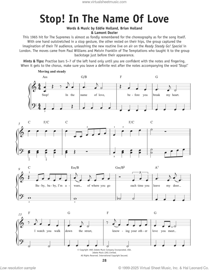 Stop! In The Name Of Love, (beginner) sheet music for piano solo by The Supremes, Brian Holland, Edward Holland Jr. and Lamont Dozier, beginner skill level