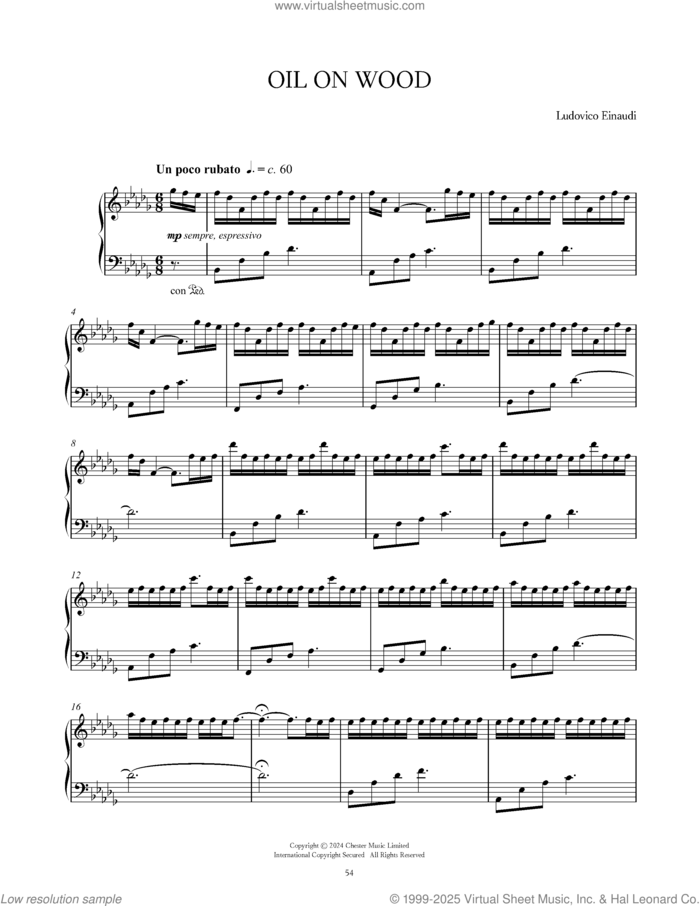 Oil On Wood sheet music for piano solo by Ludovico Einaudi, intermediate skill level