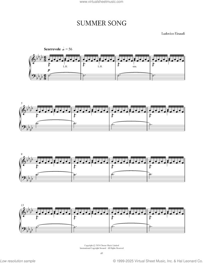 Summer Song sheet music for piano solo by Ludovico Einaudi, intermediate skill level